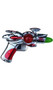 Silver and red chrome space gun laser pistol. Center red sphere and green barrel light up when trigger is pulled.