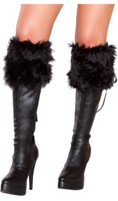 Fur boot cuffs with black satin ties at the back.