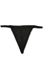 Polka dot g-string with scalloped trim and elastic back. 