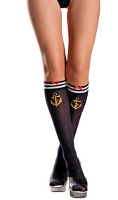Sailor knee high socks with gold anchor, striped top, and satin bow detail.