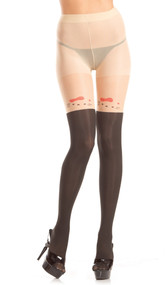 Sheer two-toned pantyhose with faux thigh high and kitty face design with red bow and heart.