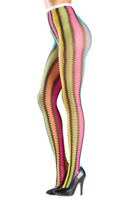Knitted vertical zig-zag rainbow tights.