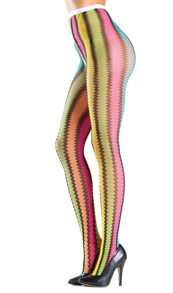 Knitted vertical zig-zag rainbow tights.