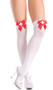 Sheer thigh highs with red satin bow and medical white cross patch.