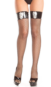 Fishnet thigh highs with vinyl top and police badge detail.
