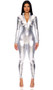 Long sleeve metallic catsuit with mock neck and front zipper opening.