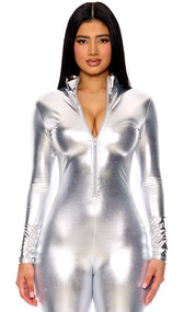 Long sleeve metallic catsuit with mock neck and front zipper opening.