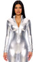 Long sleeve metallic catsuit with mock neck and front zipper opening.