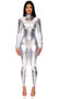 Long sleeve metallic catsuit with mock neck and front zipper opening.