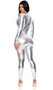 Long sleeve metallic catsuit with mock neck and front zipper opening.