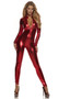 Long sleeve metallic catsuit with mock neck and front zipper opening.
