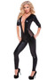 Wet look catsuit features a plunging neckline, three quarter sleeves, and tantalizing sheer mesh side panels. Full wet look back. No zippers.