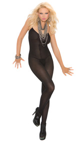 Opaque open crotch bodystocking with spaghetti straps.