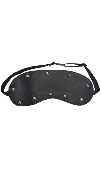 Leather blindfold with spiked studs. Inside is leather back and back of studs. Adjustable elastic strap with clasp.