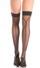 Stay up thigh highs with zipper print backseam design.