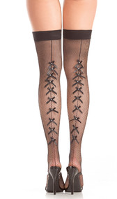 Fishnet thigh high stockings with multi satin bow backseam and rhinestone center.