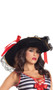 Velvet pirate hat with black lace, gold trim, and red ribbon accents.