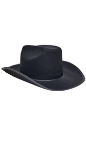 Black cowgirl hat with black band. Hat is made from a stiff felt-like material.