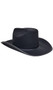 Black cowgirl hat with black band. Hat is made from a stiff felt-like material.