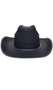 Black cowgirl hat with black band. Hat is made from a stiff felt-like material.