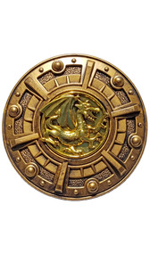 Plastic warrior shield costume accessory. Round bronze-look shield with gold colored dragon medallion in the center. Handle on back side.