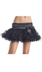 Layered tulle petticoat with satin elastic waistband, large bow accent, and sparkly silver glitter details.