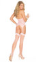 Lace halter neck camisette with attached garters and satin bow detail. Matching g-string and lace top stockings are included. Garters are adjustable.