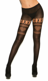 Sheer pantyhose with cut outs and fishnet heart detail. Back side has heart design.