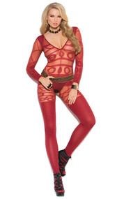 Long sleeve deep V bodystocking with geometric design and open crotch.