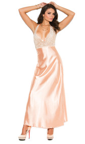 Full length gown with floral lace top and charmeuse satin bodice. Halter neck with satin bow detail. Matching g-string included.