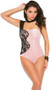 One shoulder mesh teddy with floral lace insert and cheeky cut bottom.