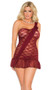 Lace babydoll with one shoulder, chiffon sash and hem. Matching g-string included.