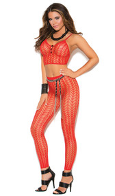 Cami crop top with spaghetti straps and matching leggings with feather design. 