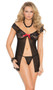 Off the shoulder mesh and lace flyaway babydoll with satin bow and matching g-string.