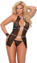 Sheer mesh open front babydoll embellished in satin bows, features high halter style neckline with satin bow and plain back. Matching G-string also included. Two piece set.