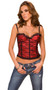 Underwire satin bustier with lace overlay, boning, adjustable straps, lace up back and hidden side zipper. Slight padding on the cups. Matching g-string included.