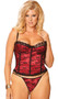 Underwire satin bustier with lace overlay, boning, adjustable straps, lace up back and hidden side zipper. Slight padding on the cups. Matching g-string included.