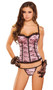 Underwire satin bustier with lace overlay, boning, adjustable straps, lace up back and hidden side zipper. Slight padding on the cups. Matching g-string included.