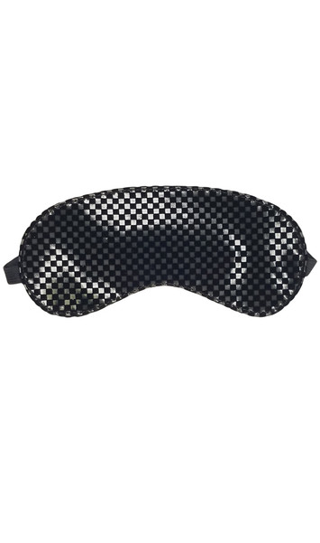 Vinyl and velvet checkered pattern blindfold for a soft textured feel. Adjustable elastic strap and clasp in back. Back side is soft felt like material.