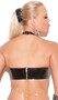 Vinyl underwire bra top with square nail head trim, halter neck with adjustable snap back, and zipper back closure.