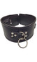 Leather collar features D ring front with attached O ring, studded nail head detail, front curve for comfort, and adjustable buckle closure.