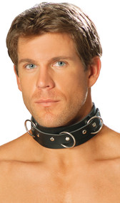 Leather collar with triple O ring and nail head detail. Back has adjustable buckle closure.