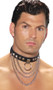 Leather collar with triple chain, studs, and o ring detail. Back has adjustable buckle closure.