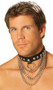 Leather collar with triple chain, studs, and o ring detail. Back has adjustable buckle closure.