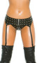 Zip front leather garter belt with spiked stud detail. Back side is plain with elastic middle to allow for a snug fit. Garters are adjustable and detachable.