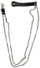 Double chain metal leash with leather handle and leather tab, with snap hook release closure.