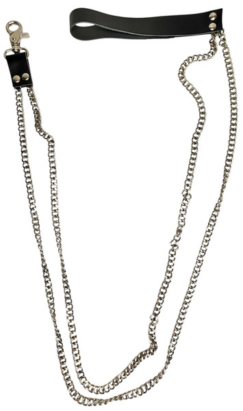 Double chain metal leash with leather handle and leather tab, with snap hook release closure.