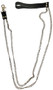 Double chain metal leash with leather handle and leather tab, with snap hook release closure.