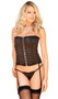 Strapless satin corset with boning, hook and eye front, venice lace trim and lace up back. Garters are adjustable and detachable. Includes matching G-string.