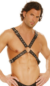 Studded leather harness with large O ring detail and adjustable buckle closures. Unisex.